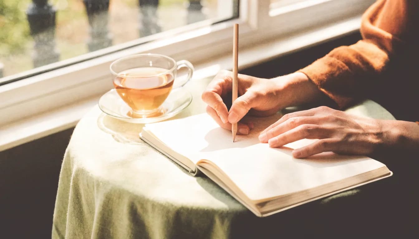 A person sits journaling by a sunlit window, holding a warm cup of tea, looking calm and thoughtful in soft daylight.