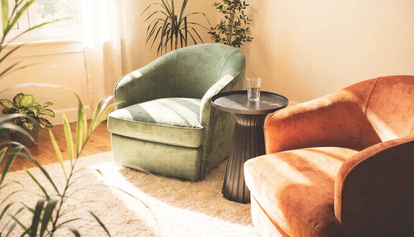 Two cushioned armchairs facing each other in a sunlit counseling room with green plants and warm earth tones.