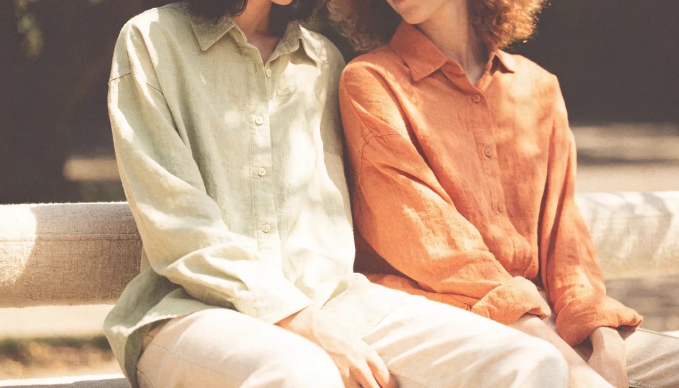 A young couple sits close together outdoors in warm golden light, relaxed and smiling softly as they look toward the future.