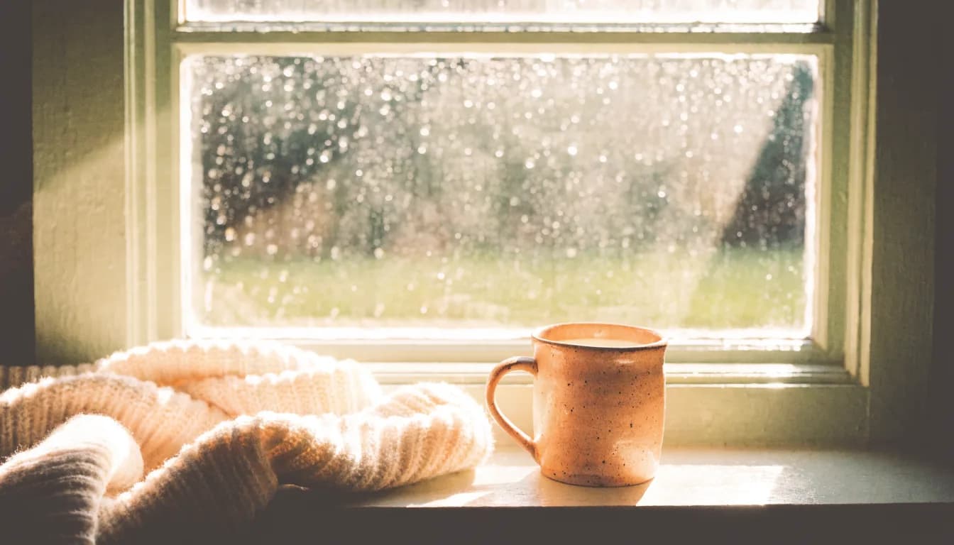 Soft morning light filtering through a rain-speckled window, with a warm mug resting on the sill in a calm, hopeful scene.