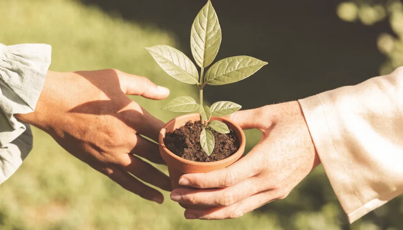 Two hands gently passing a small potted plant in warm sunlight, a quiet gesture of giving and connection.