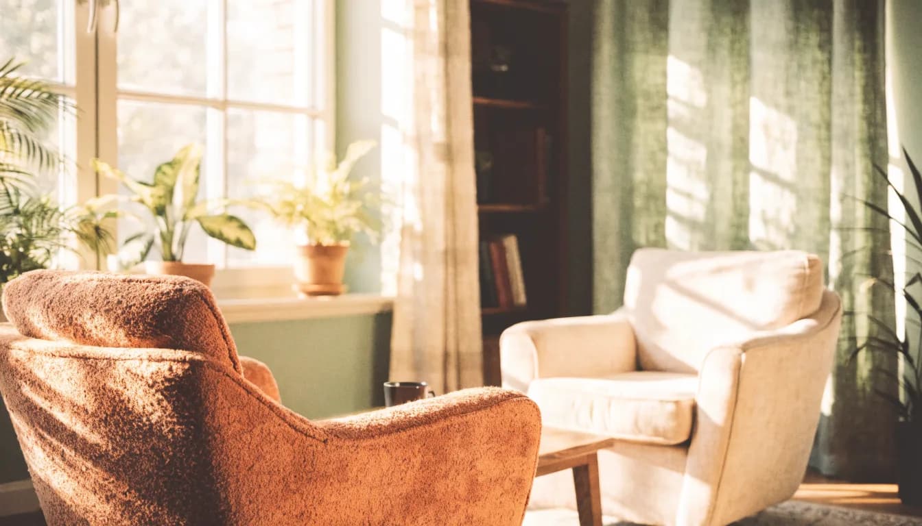 A calm, sunlit Utah counseling office with two soft armchairs facing each other and warm natural light streaming through a window.