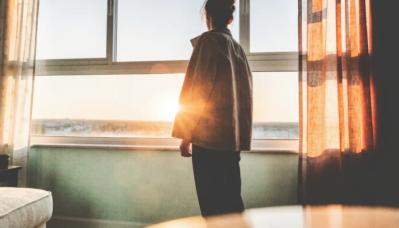 A person standing quietly at a window at dawn, looking out toward a bright horizon, with warm light suggesting hope and a fresh start.