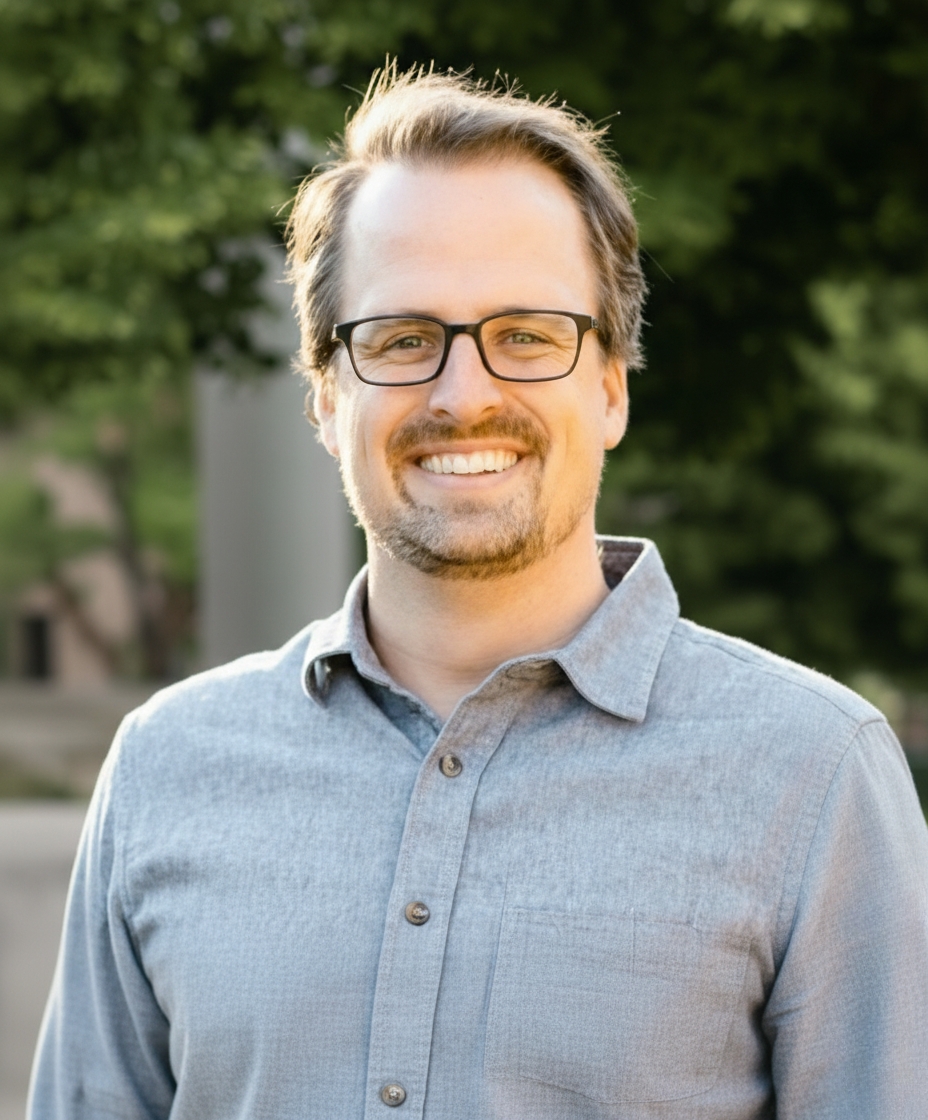 Hugh Pinnock, LMFT, smiling outdoors in glasses and a gray shirt