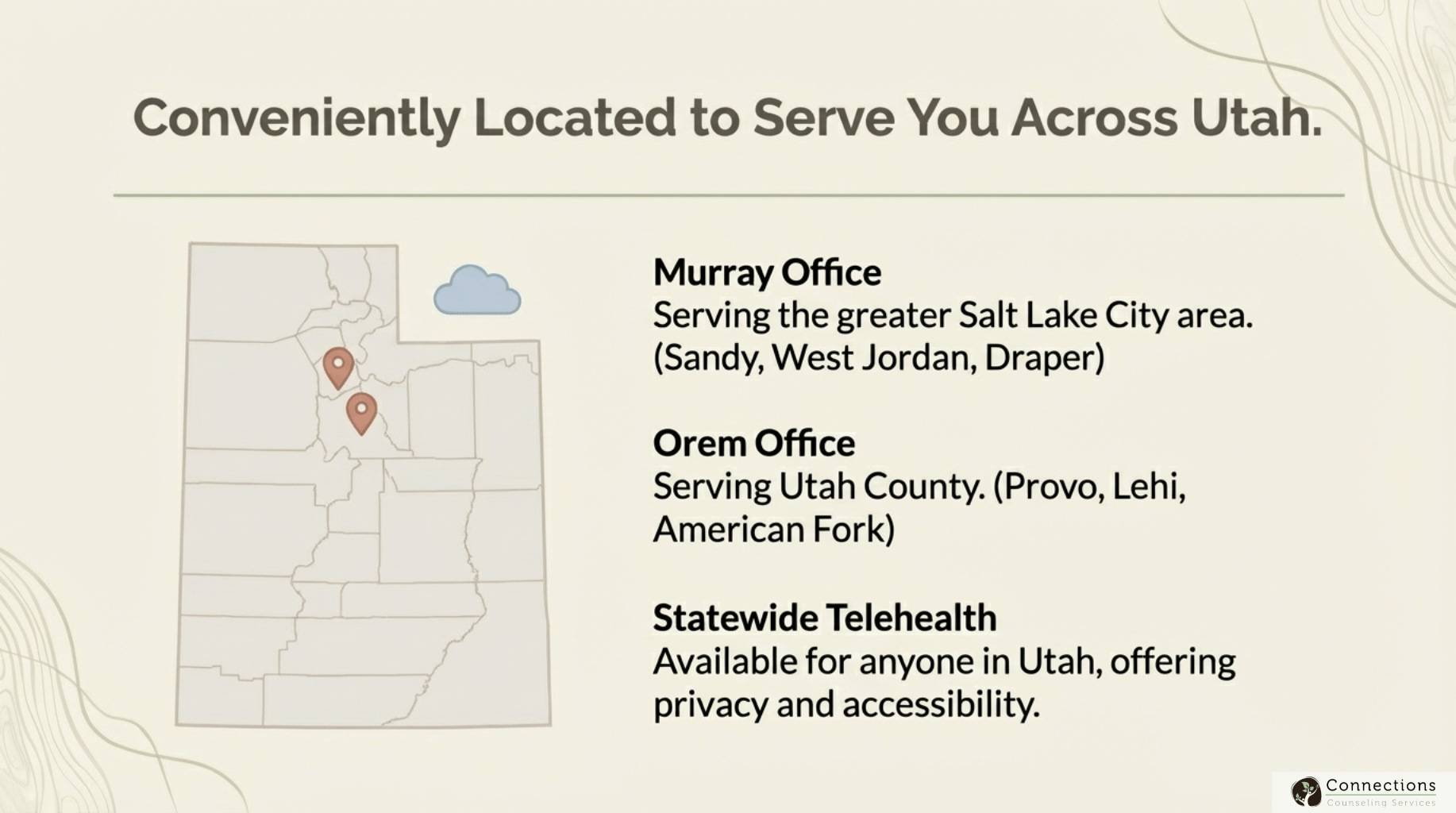 Utah map showing Murray office serving Salt Lake City area and Orem office serving Utah County plus statewide telehealth - Connections Counseling Services