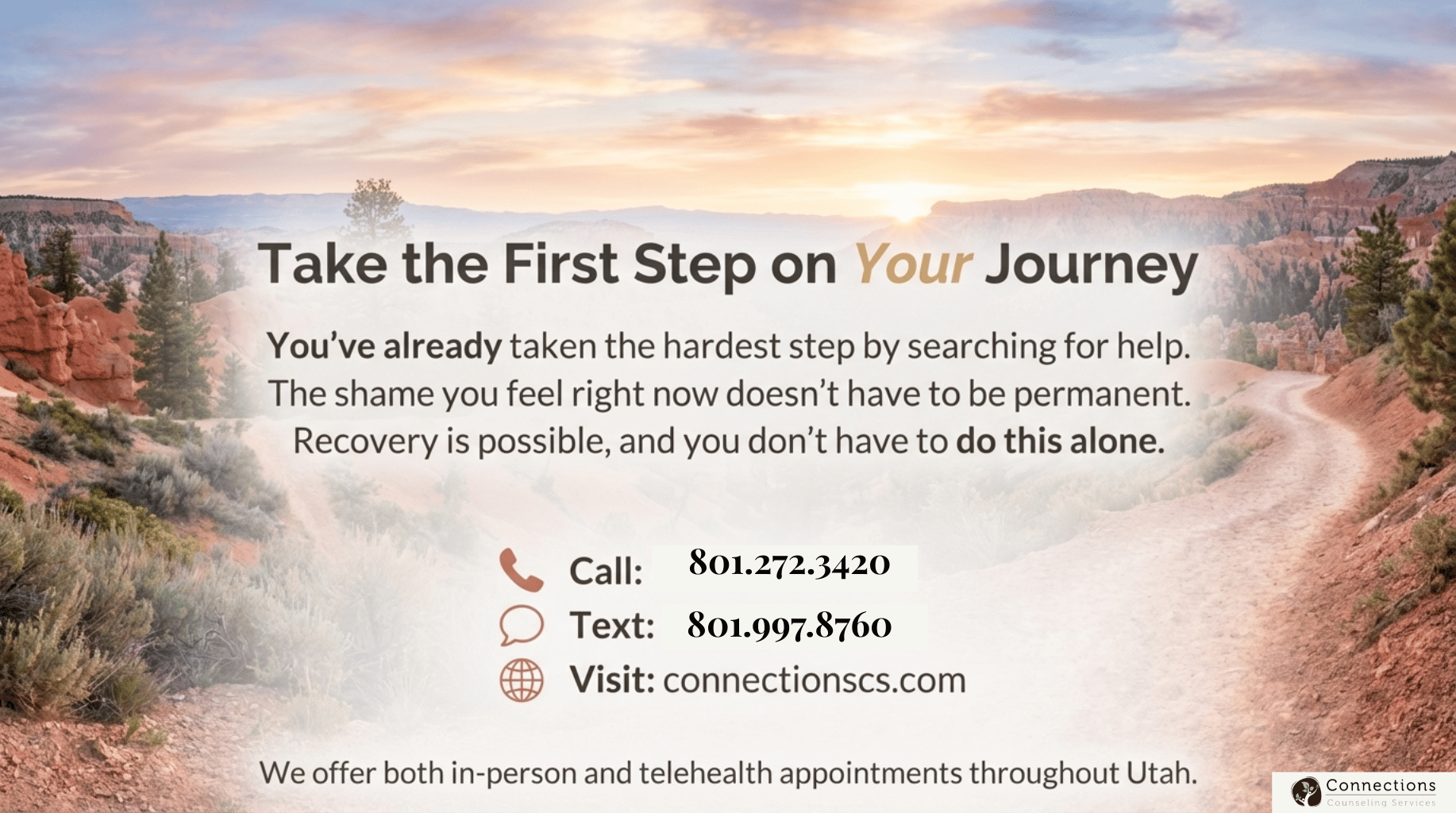 Utah red rock canyon at sunset with contact information for Connections Counseling Services